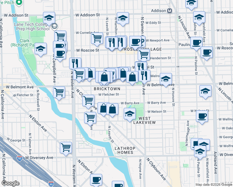 map of restaurants, bars, coffee shops, grocery stores, and more near 2147 West Fletcher Street in Chicago