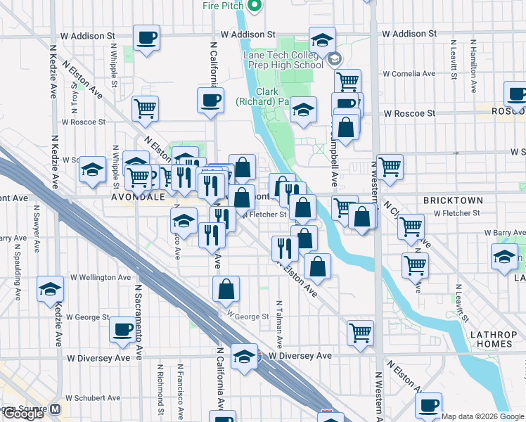 map of restaurants, bars, coffee shops, grocery stores, and more near 2635 West Fletcher Street in Chicago