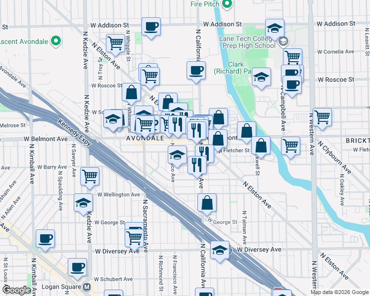 map of restaurants, bars, coffee shops, grocery stores, and more near 2848 West Barry Avenue in Chicago