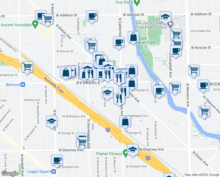 map of restaurants, bars, coffee shops, grocery stores, and more near 2848 West Barry Avenue in Chicago