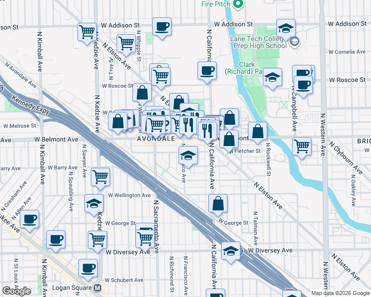 map of restaurants, bars, coffee shops, grocery stores, and more near 2905 West Fletcher Street in Chicago