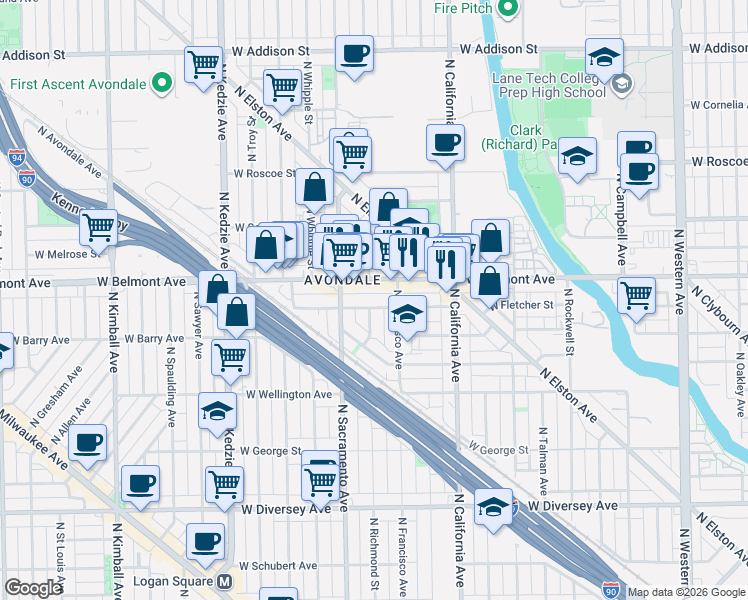 map of restaurants, bars, coffee shops, grocery stores, and more near 2944 West Fletcher Street in Chicago