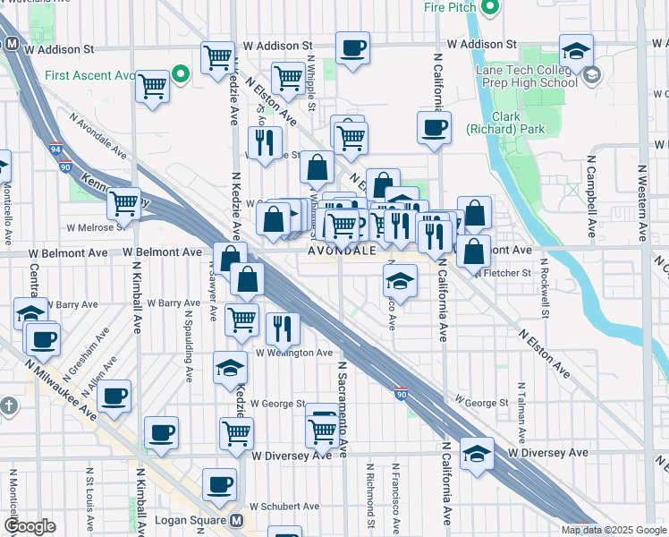 map of restaurants, bars, coffee shops, grocery stores, and more near 3020 West Fletcher Street in Chicago