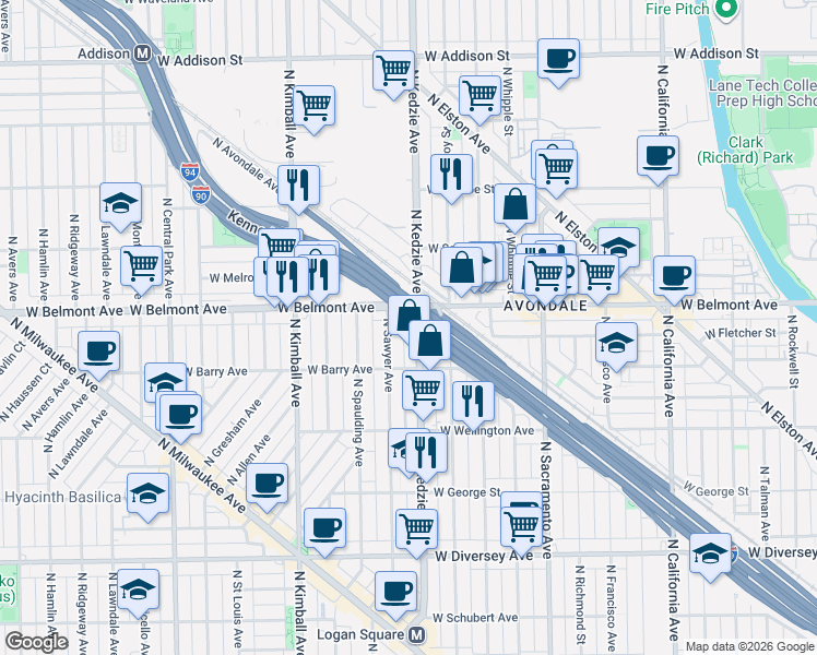 map of restaurants, bars, coffee shops, grocery stores, and more near 3130 North Kedzie Avenue in Chicago