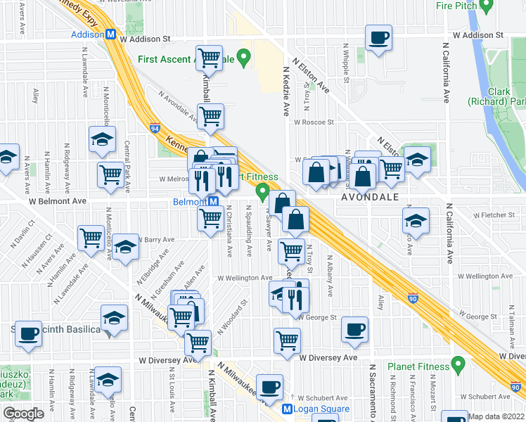 map of restaurants, bars, coffee shops, grocery stores, and more near 3301 West Belmont Avenue in Chicago