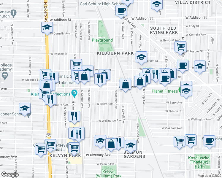 map of restaurants, bars, coffee shops, grocery stores, and more near 3147 North Kenneth Avenue in Chicago