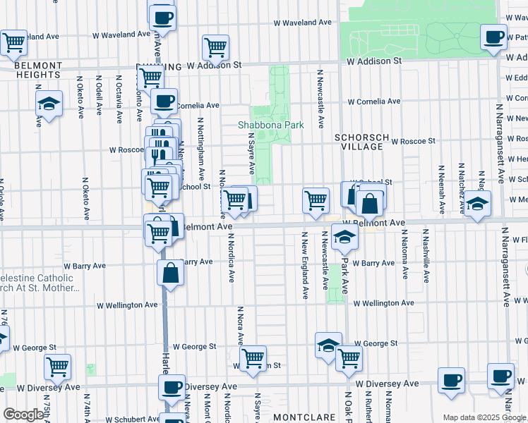 map of restaurants, bars, coffee shops, grocery stores, and more near 6972 West Belmont Avenue in Chicago