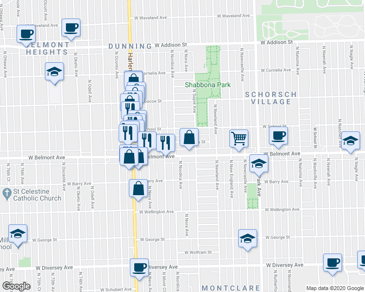 map of restaurants, bars, coffee shops, grocery stores, and more near 7034 West Belmont Avenue in Chicago