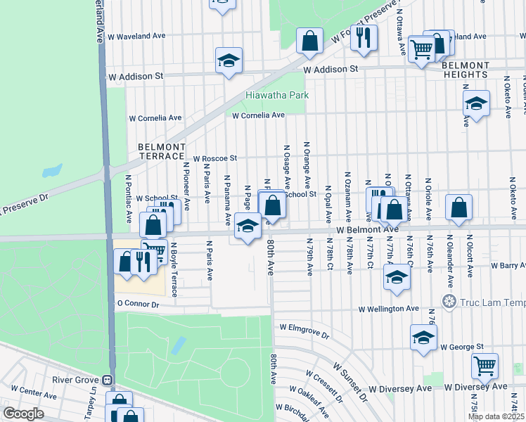 map of restaurants, bars, coffee shops, grocery stores, and more near 3222 North Pacific Avenue in Chicago