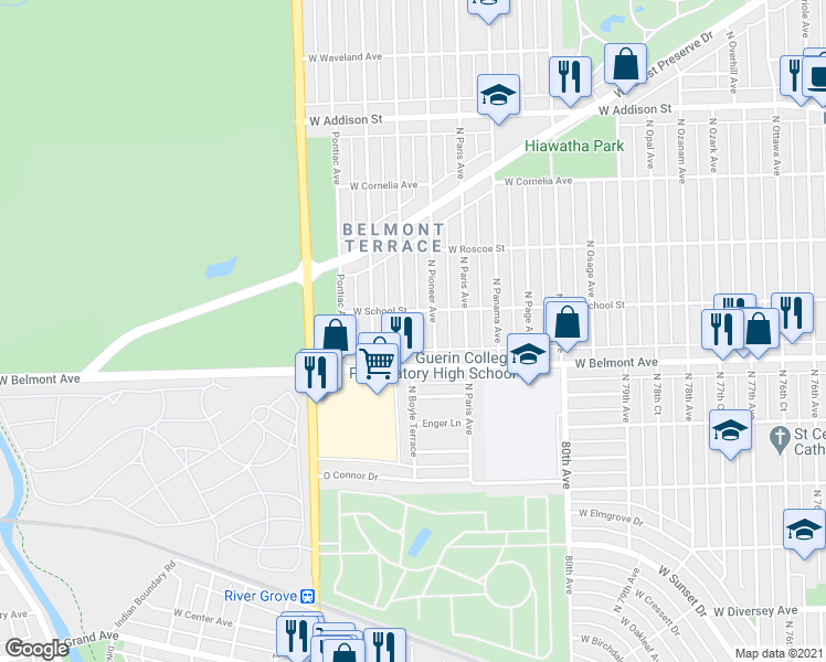 map of restaurants, bars, coffee shops, grocery stores, and more near 3224 North Pittsburgh Avenue in Chicago