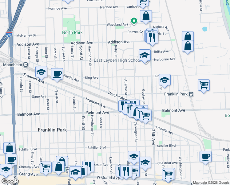 map of restaurants, bars, coffee shops, grocery stores, and more near 9818 Pacific Avenue in Franklin Park