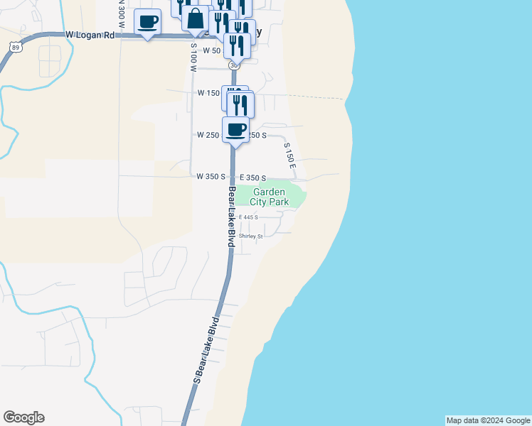map of restaurants, bars, coffee shops, grocery stores, and more near 57 East 445 South in Garden City
