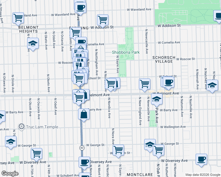 map of restaurants, bars, coffee shops, grocery stores, and more near 7034 West Belmont Avenue in Chicago