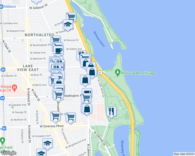map of restaurants, bars, coffee shops, grocery stores, and more near 3097 North Lake Shore Drive in Chicago