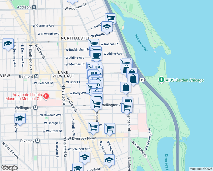 map of restaurants, bars, coffee shops, grocery stores, and more near 518 West Briar Place in Chicago