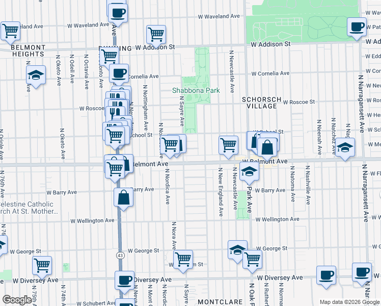 map of restaurants, bars, coffee shops, grocery stores, and more near 6972 West Belmont Avenue in Chicago