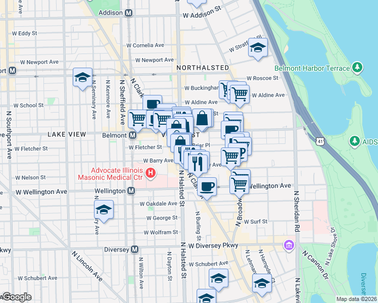 map of restaurants, bars, coffee shops, grocery stores, and more near 727 West California Terrace in Chicago