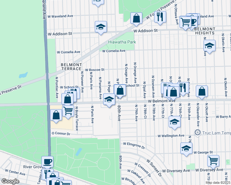 map of restaurants, bars, coffee shops, grocery stores, and more near 3222 North Pacific Avenue in Chicago