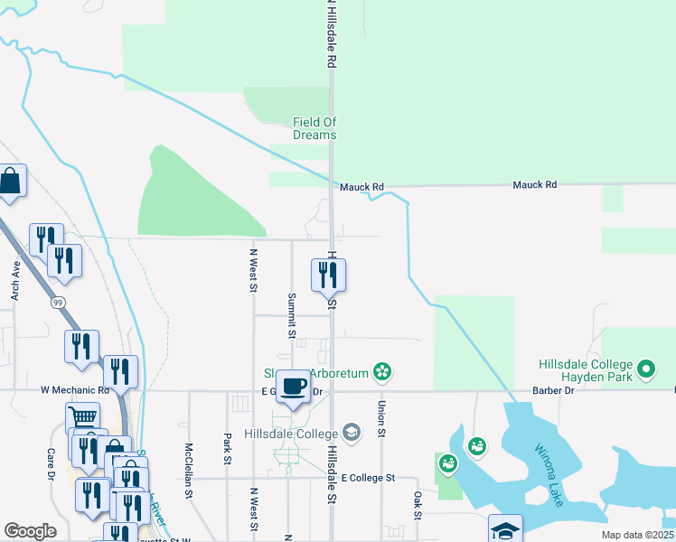 map of restaurants, bars, coffee shops, grocery stores, and more near 373 Hillsdale Street in Hillsdale