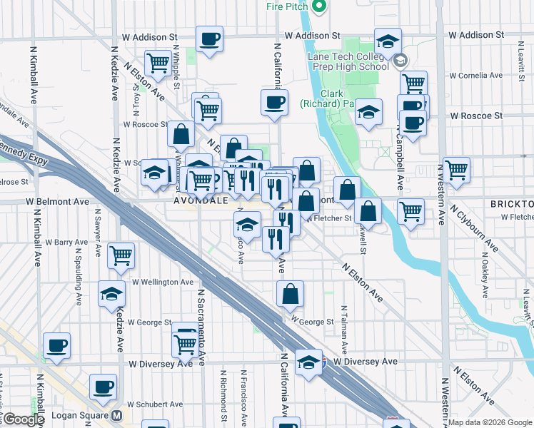 map of restaurants, bars, coffee shops, grocery stores, and more near 2818 West Fletcher Street in Chicago