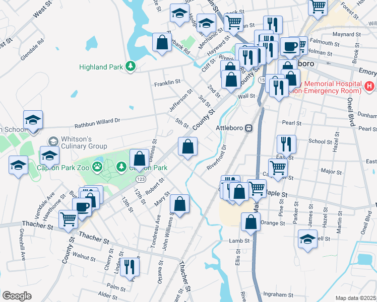 map of restaurants, bars, coffee shops, grocery stores, and more near 14 Wolfenden Street in Attleboro
