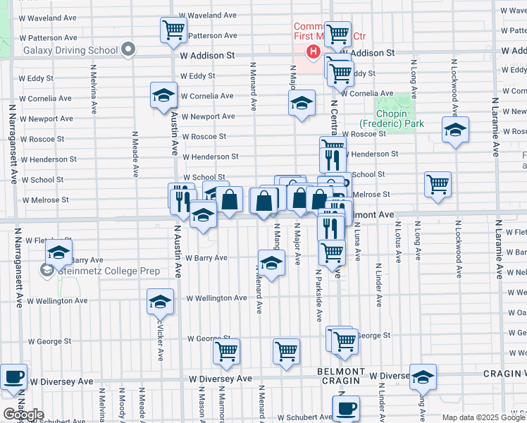 map of restaurants, bars, coffee shops, grocery stores, and more near 5645 West Belmont Avenue in Chicago