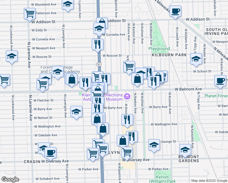 map of restaurants, bars, coffee shops, grocery stores, and more near 4709 West Belmont Avenue in Chicago