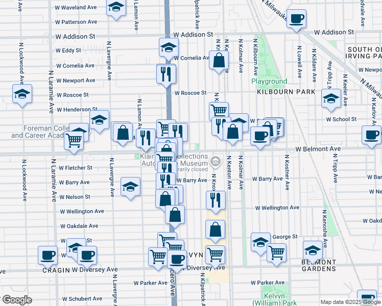 map of restaurants, bars, coffee shops, grocery stores, and more near 4713 West Belmont Avenue in Chicago