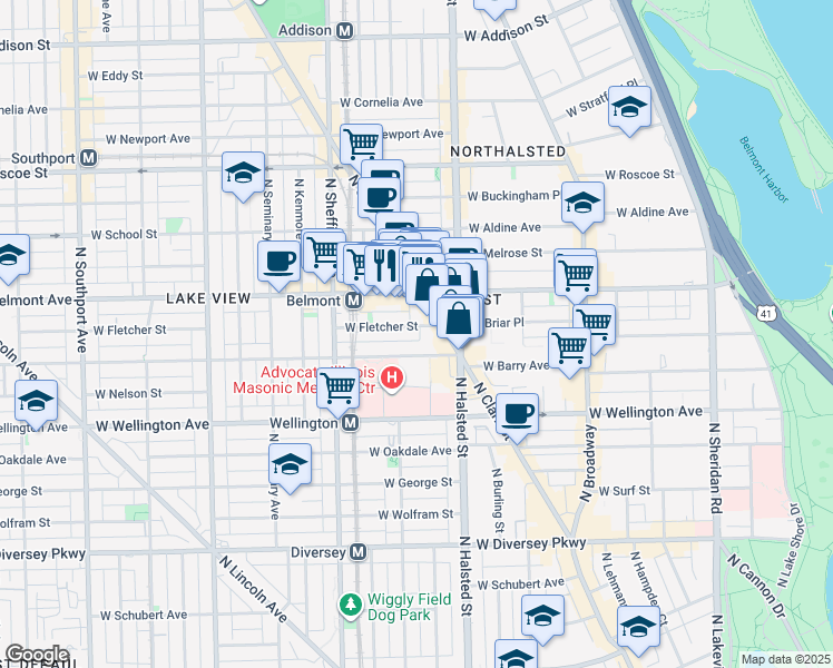 map of restaurants, bars, coffee shops, grocery stores, and more near 843 West Fletcher Street in Chicago