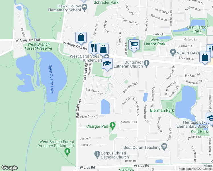 map of restaurants, bars, coffee shops, grocery stores, and more near 1387 Potomac Court in Carol Stream