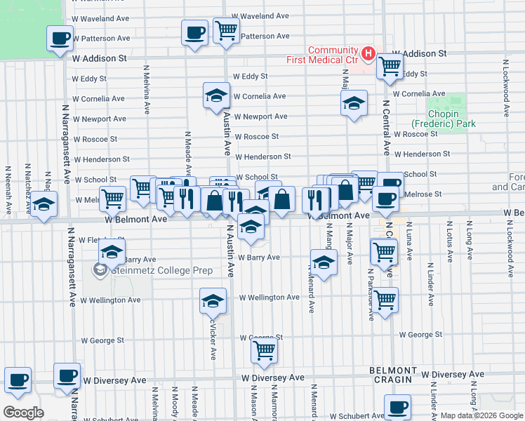 map of restaurants, bars, coffee shops, grocery stores, and more near 5854 West Belmont Avenue in Chicago