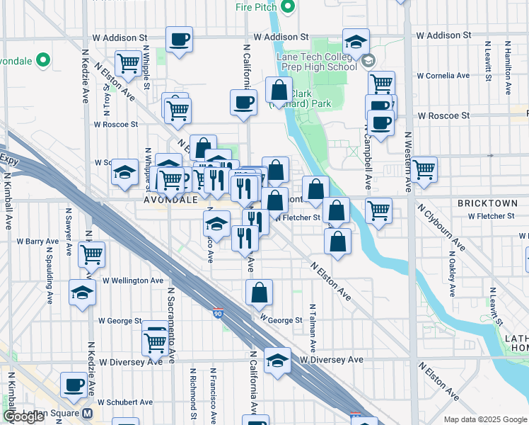 map of restaurants, bars, coffee shops, grocery stores, and more near 3127 North California Avenue in Chicago