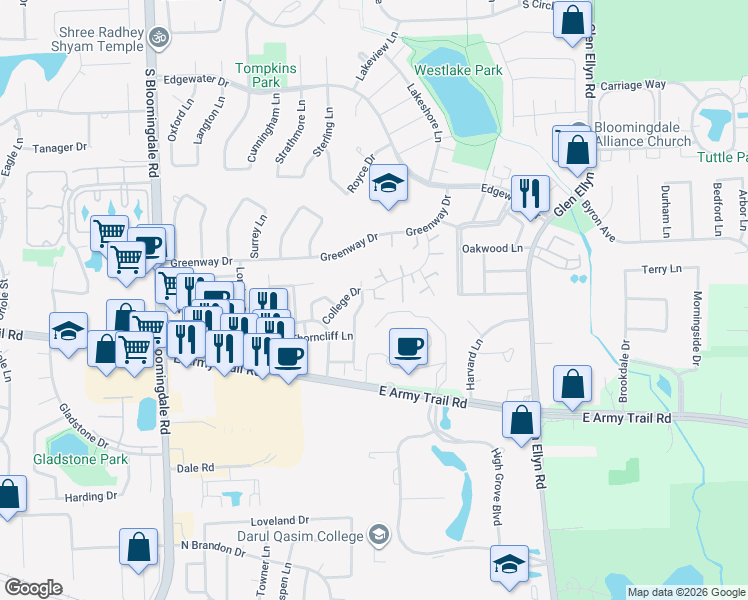 map of restaurants, bars, coffee shops, grocery stores, and more near 332 Hampton Court in Bloomingdale