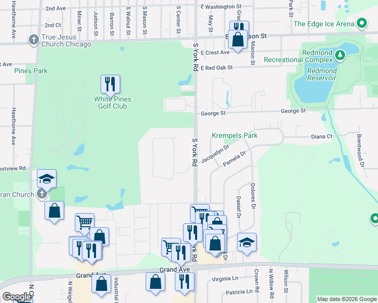 map of restaurants, bars, coffee shops, grocery stores, and more near 818 South York Road in Bensenville
