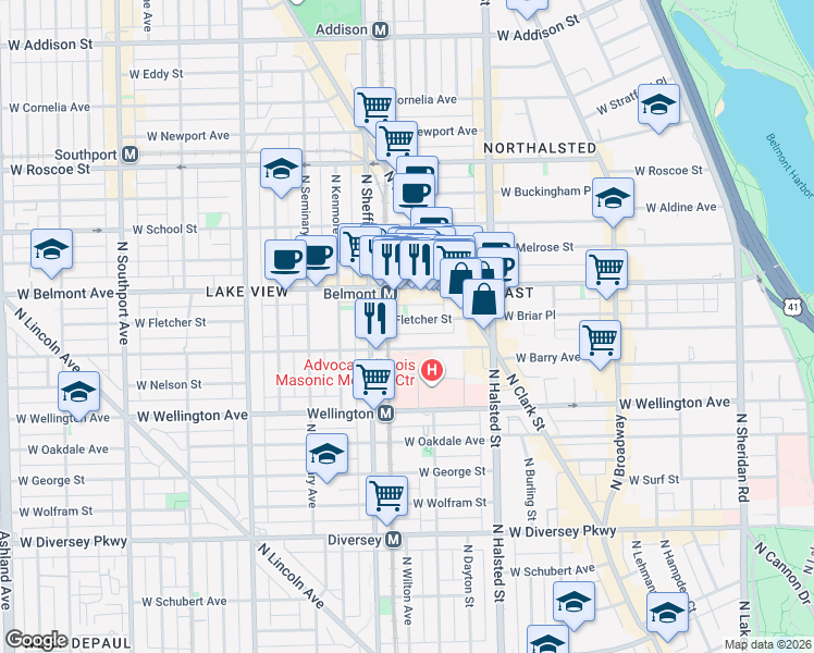 map of restaurants, bars, coffee shops, grocery stores, and more near 920 West Barry Avenue in Chicago