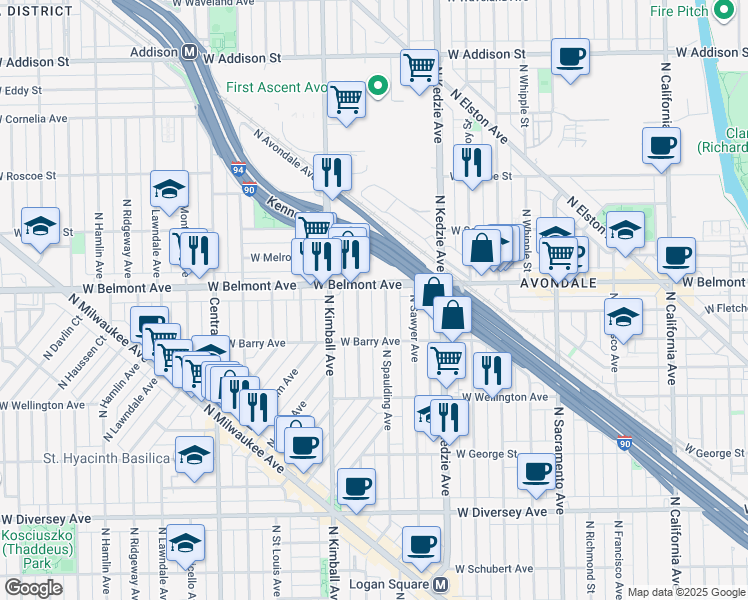 map of restaurants, bars, coffee shops, grocery stores, and more near 3133 North Christiana Avenue in Chicago
