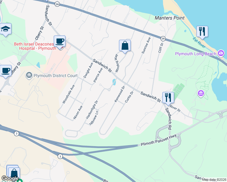 map of restaurants, bars, coffee shops, grocery stores, and more near 22 East Bay Lane in Plymouth