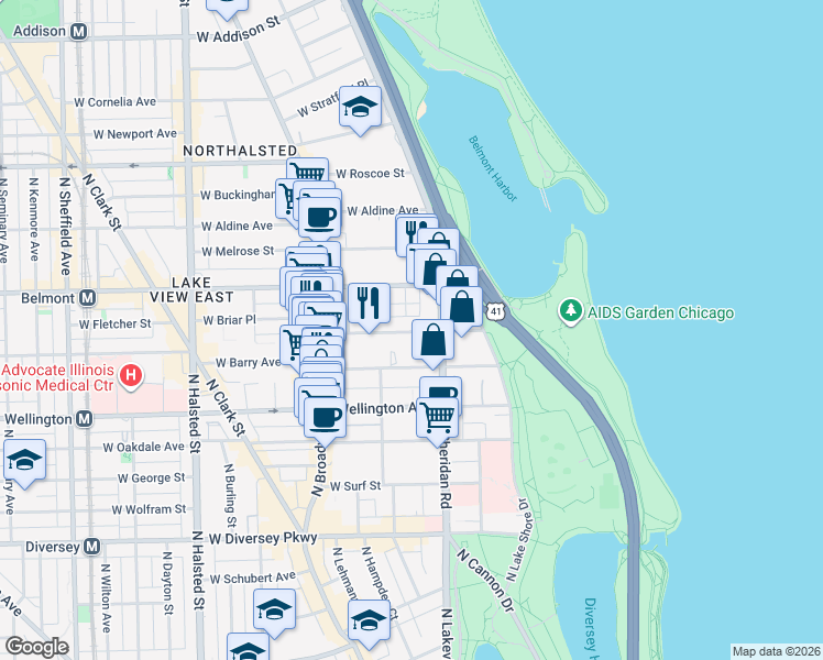 map of restaurants, bars, coffee shops, grocery stores, and more near 423A West Briar Place in Chicago