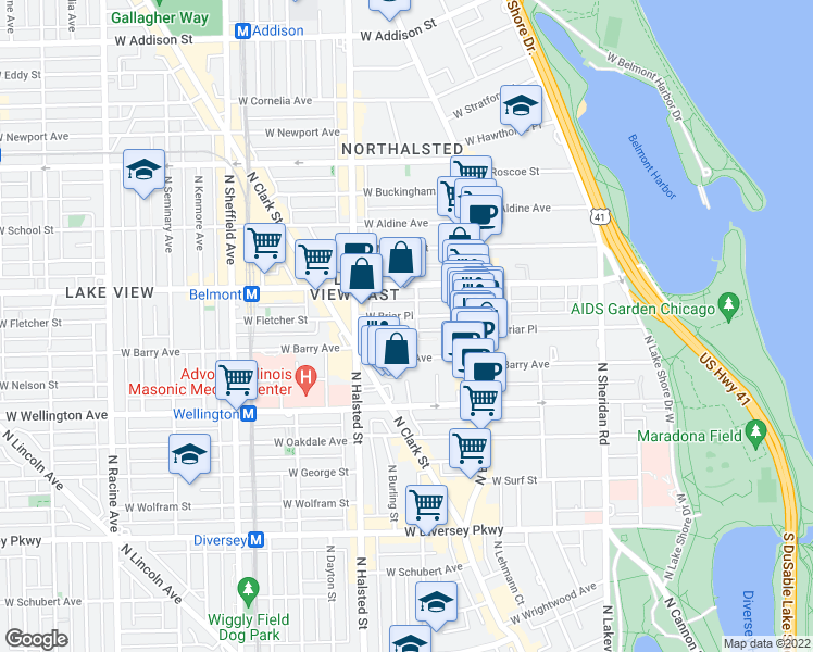 map of restaurants, bars, coffee shops, grocery stores, and more near 3117 North Orchard Street in Chicago