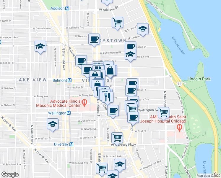 map of restaurants, bars, coffee shops, grocery stores, and more near 719 West California Terrace in Chicago
