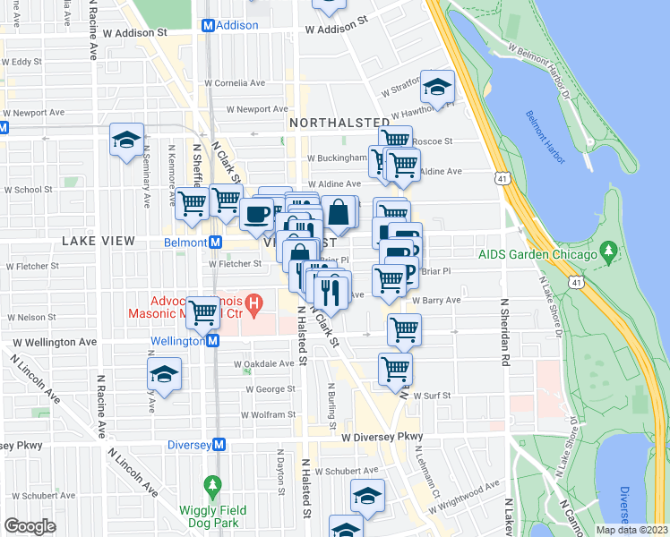 map of restaurants, bars, coffee shops, grocery stores, and more near 719 West California Terrace in Chicago