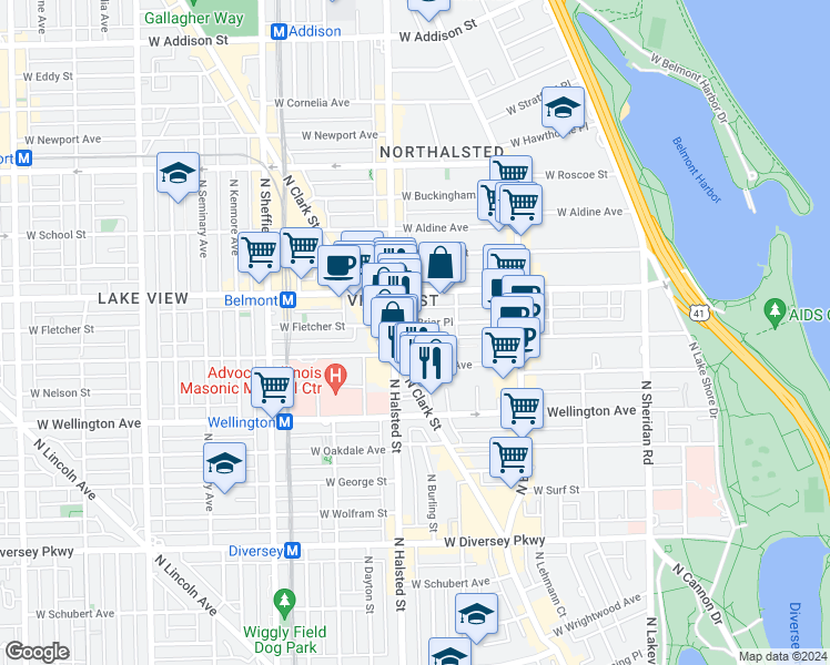 map of restaurants, bars, coffee shops, grocery stores, and more near 719 West California Terrace in Chicago
