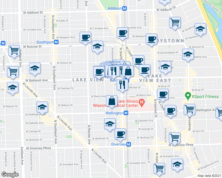 map of restaurants, bars, coffee shops, grocery stores, and more near 3112 North Kenmore Avenue in Chicago