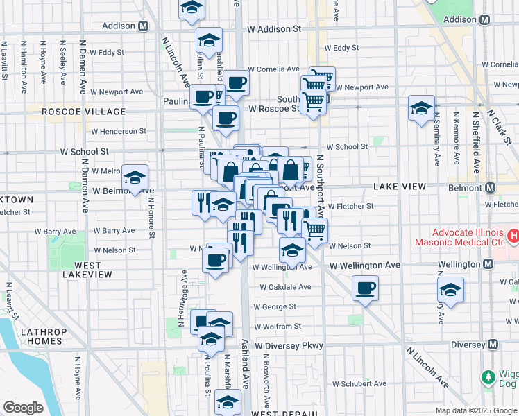 map of restaurants, bars, coffee shops, grocery stores, and more near 3134 North Lincoln Avenue in Chicago