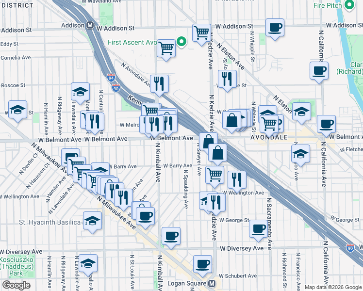 map of restaurants, bars, coffee shops, grocery stores, and more near 3133 North Christiana Avenue in Chicago