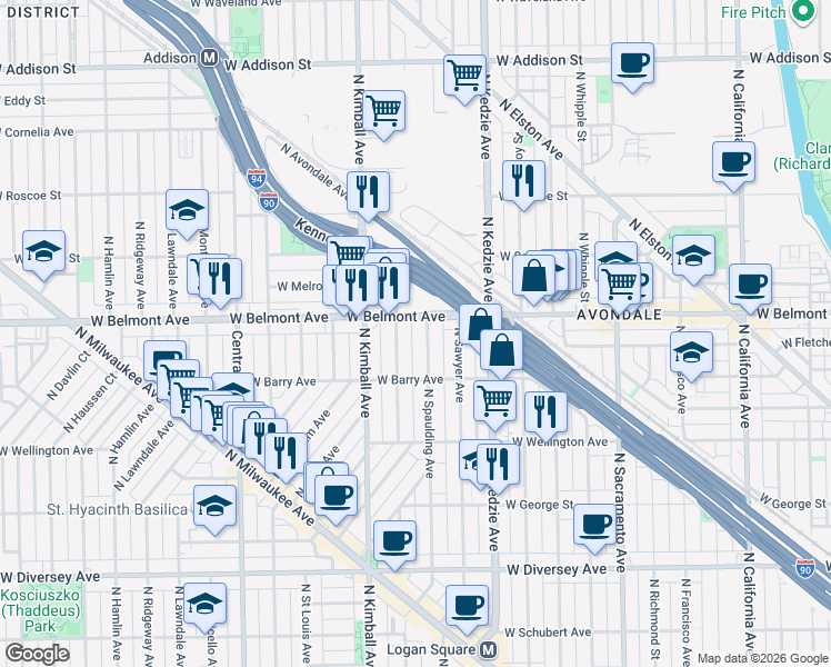 map of restaurants, bars, coffee shops, grocery stores, and more near 3133 North Christiana Avenue in Chicago