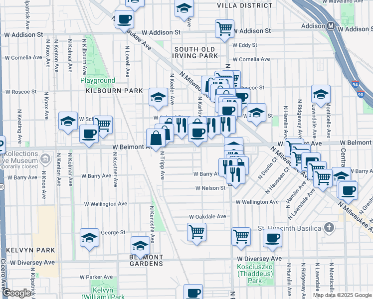 map of restaurants, bars, coffee shops, grocery stores, and more near 4120 West Fletcher Street in Chicago