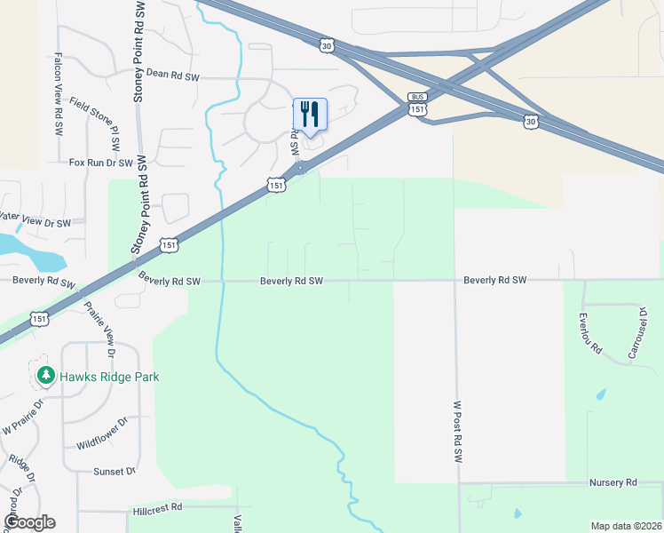 map of restaurants, bars, coffee shops, grocery stores, and more near 5772-6256 Beverly Road in Cedar Rapids