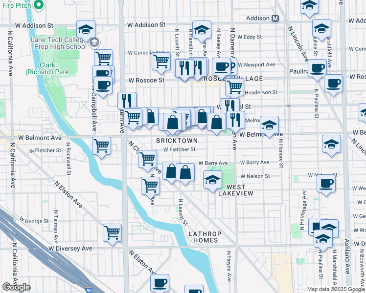 map of restaurants, bars, coffee shops, grocery stores, and more near 2152 West Fletcher Street in Chicago