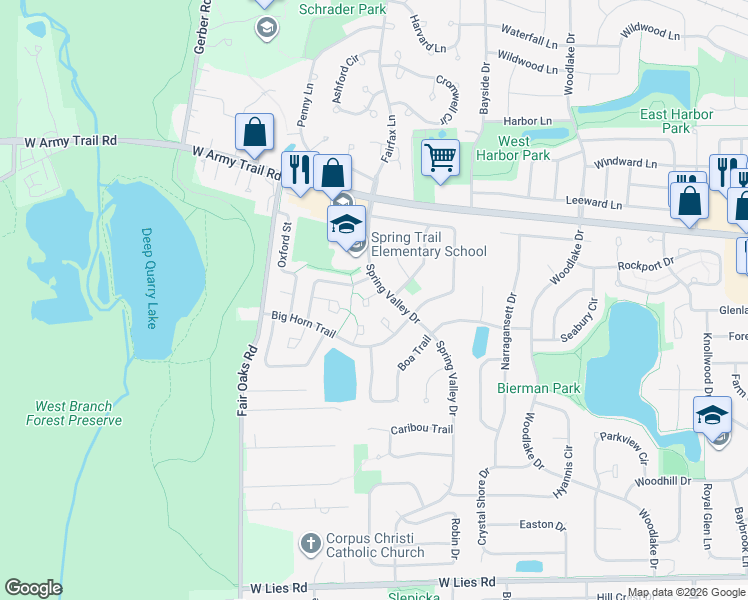 map of restaurants, bars, coffee shops, grocery stores, and more near 1329 Pennsboro Court in Carol Stream